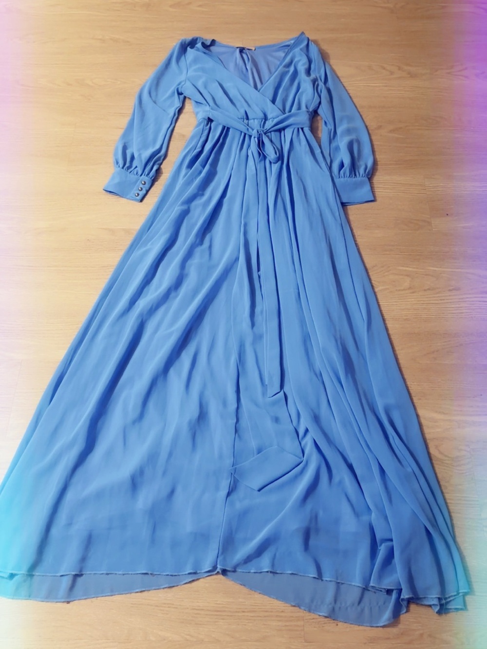 Sky-Blue Wrap Maxi Dress with Self-Tie Waist